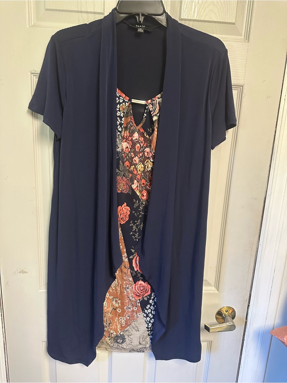NAF Navy Draped Open Cardigan with Floral Tank Dress